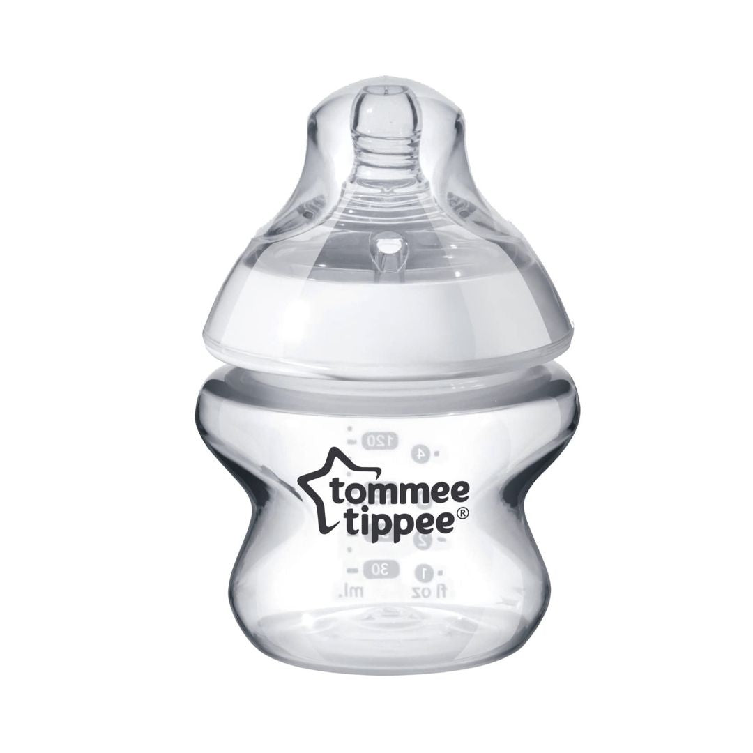 Tommee Tippee Closer to Nature feeding bottle with clear silicone slow flow teat and ergonomic grip.