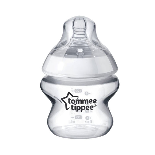 Tommee Tippee Closer to Nature feeding bottle with clear silicone slow flow teat and ergonomic grip.