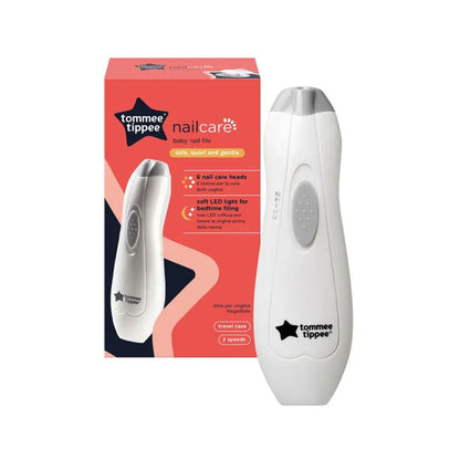 White Tommee Tippee electric baby nail trimmer with interchangeable filing heads and built-in LED light.