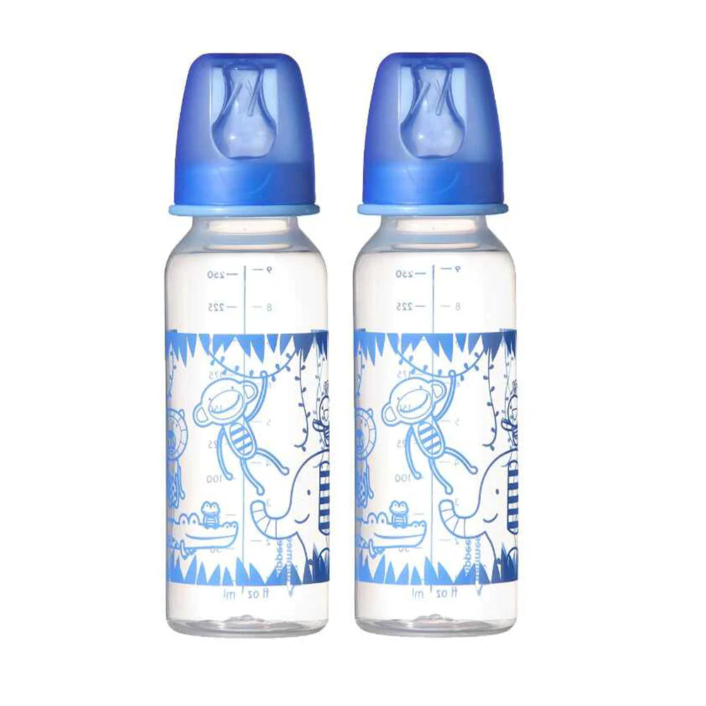 Two Tommee Tippee Essentials decorated feeding bottles, 250ml size, designed for babies 3 months and older.