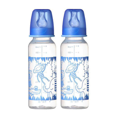 Two Tommee Tippee Essentials decorated feeding bottles, 250ml size, designed for babies 3 months and older.