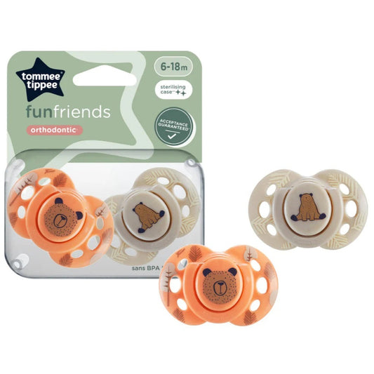 Two Tommee Tippee Fun Friends orthodontic soothers for ages 6-18 months with cute animal prints and a transparent sterilizing case.