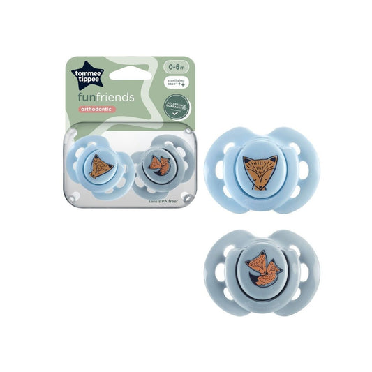 Tommee Tippee Fun Style soothers for ages 0-6 months featuring bright, playful designs and a symmetrical silicone teat.