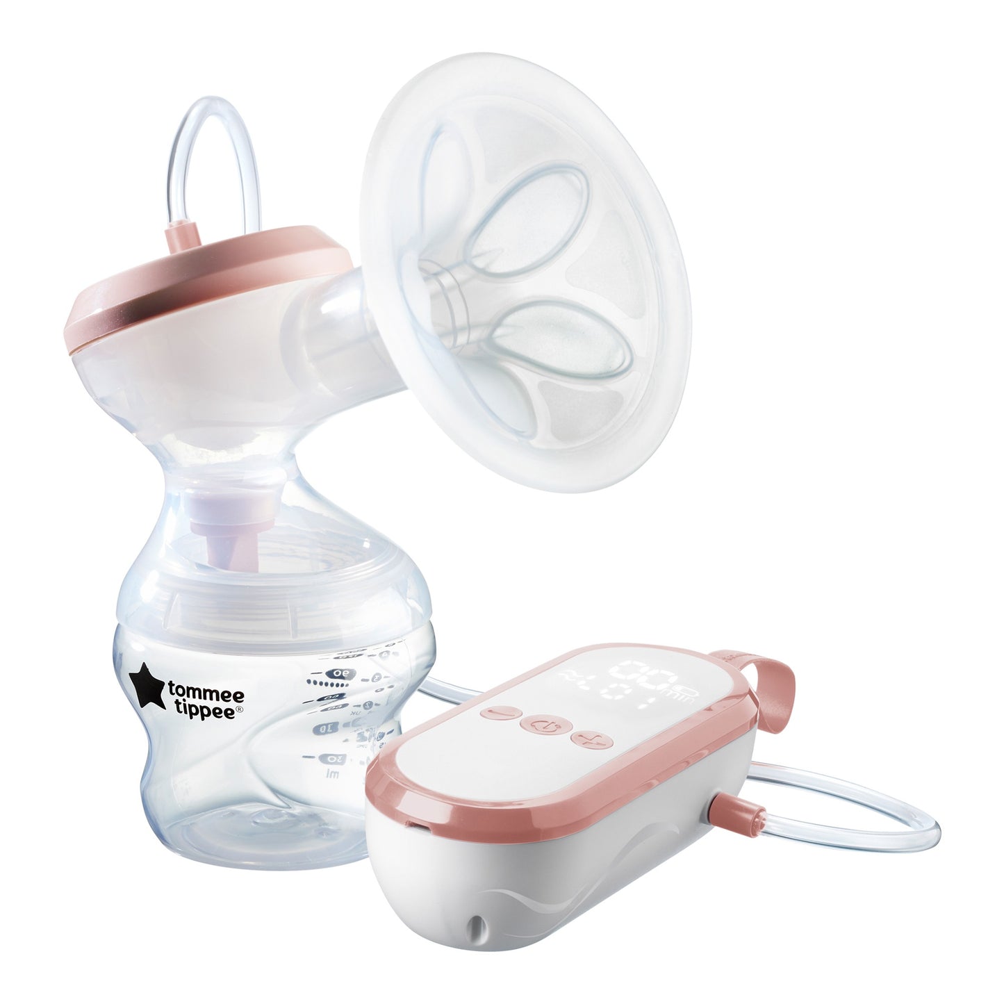 Tommee Tippee Made for Me single electric breast pump with portable power pack and Closer to Nature feeding bottle.
