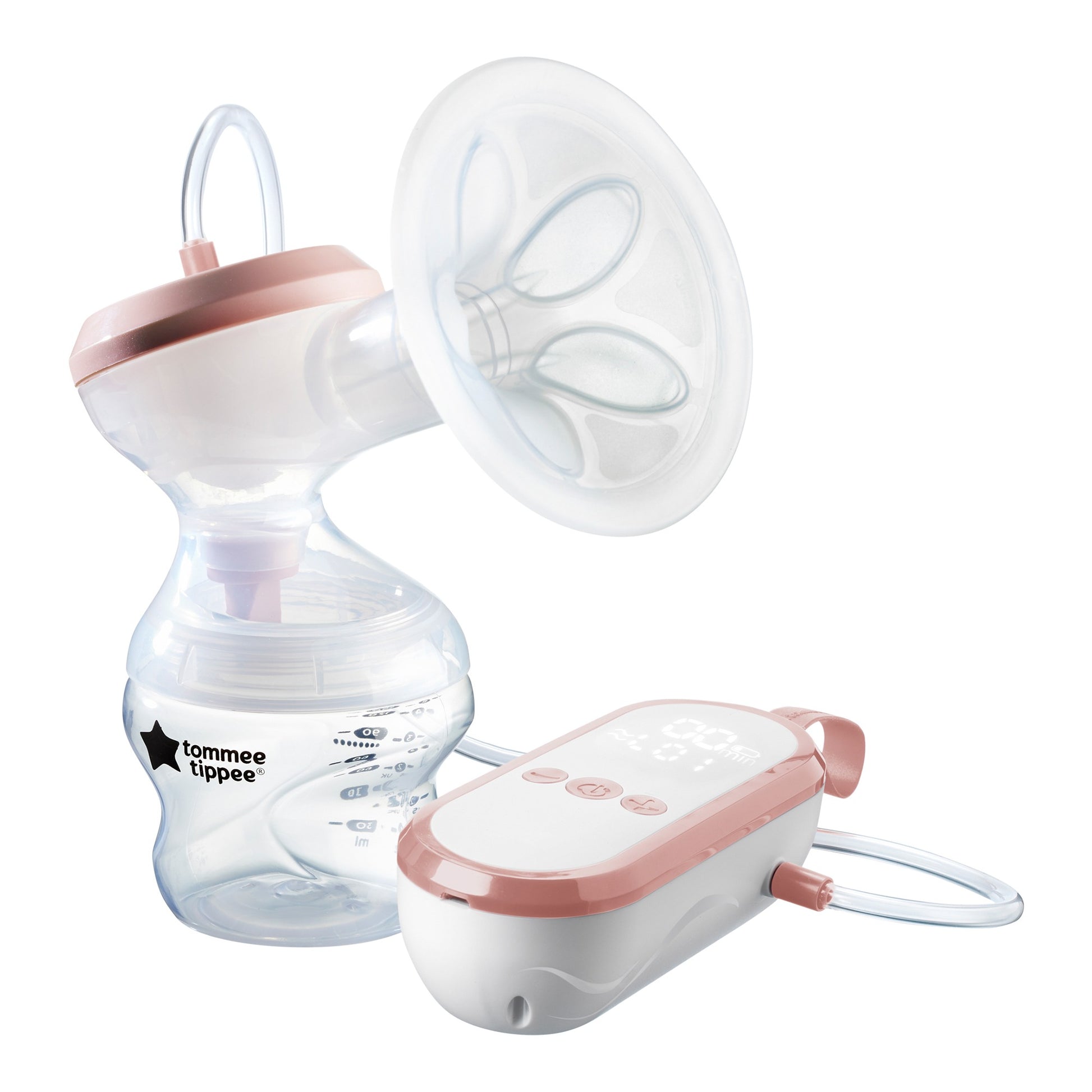 Tommee Tippee Made for Me single electric breast pump with portable power pack and Closer to Nature feeding bottle.