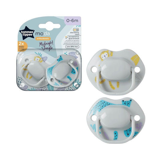 Two Tommee Tippee Moda orthodontic soothers with symmetrical silicone teats for babies 0-6 months.