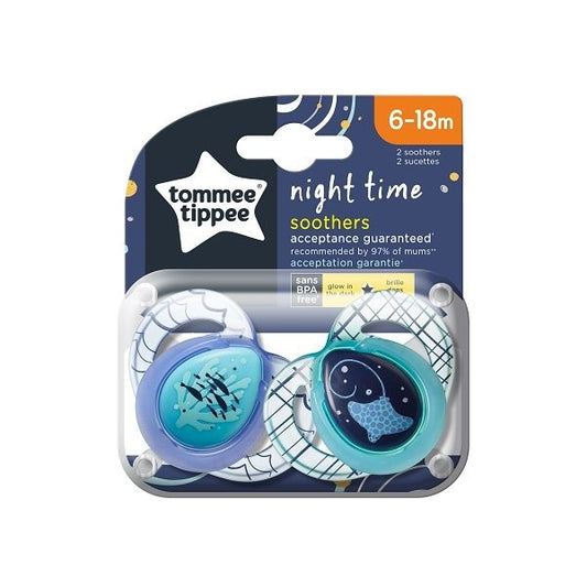 Two Tommee Tippee glow-in-the-dark night time soothers for babies aged 6 to 18 months.