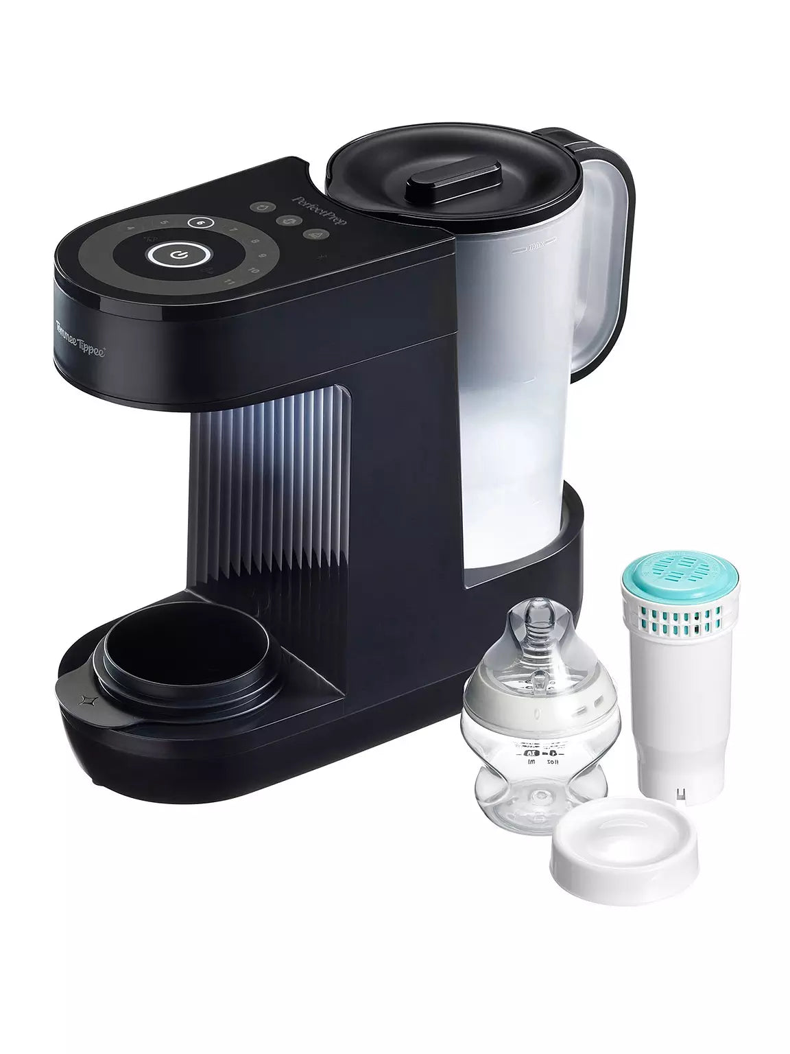 Slate grey Tommee Tippee Perfect Prep formula machine with a baby bottle being prepared.