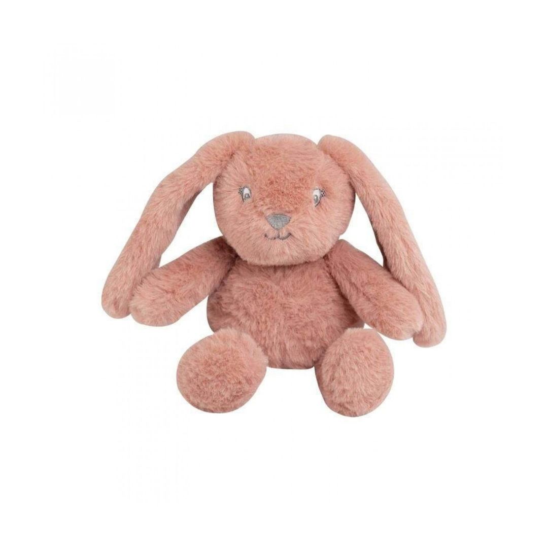 A plush beige rabbit rocking chair for toddlers with a light-colored solid wood rocking base and matching handles.