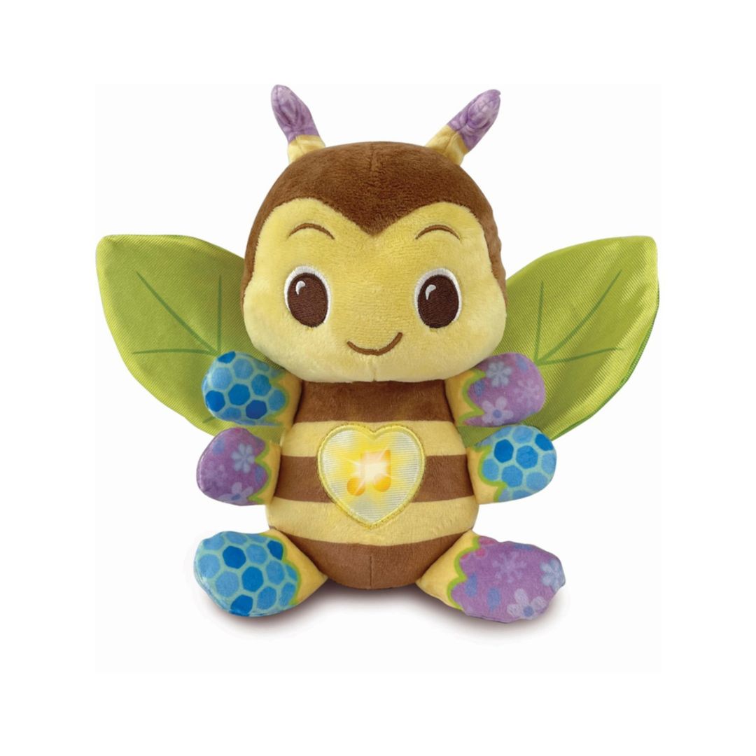 A colorful VTech Busy Musical Bee toy with yellow plush body, blue crinkle wings, and a green easy-grip handle with beads.