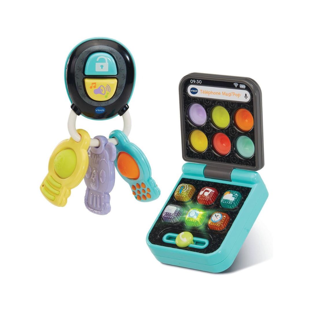 French version VTech Magi'Pop baby toy set featuring a light-up interactive smartphone and a ring of textured colorful keys.