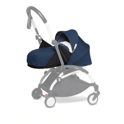 YOYO² stroller with the Air France Blue 0+ Newborn Pack, showing the flat mattress and navy blue canopy.