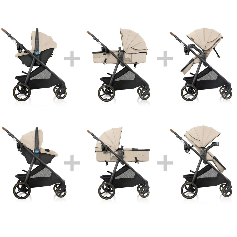 Evenflo Shyft Intuiti+ Travel System with Revolve180 LiteMax NXT &amp; SensorySoothe travertine