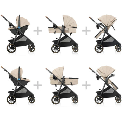 Evenflo Shyft Intuiti+ Travel System with Revolve180 LiteMax NXT &amp; SensorySoothe travertine