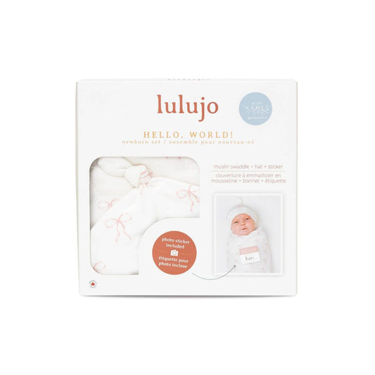 Lulujo Hello World Muslin Swaddle Blanket & Hat Set (0-4M) Vintage Bows