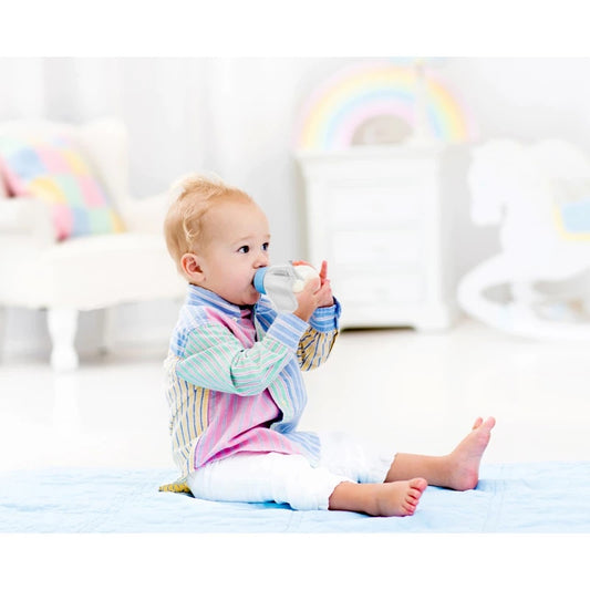 Baby bottle with a gray cover on a white background