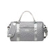 Gray quilted duffel bag with silver accents on a white background