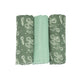 A set of three green and white leaf-patterned muslin swaddles for babies by Trois Kilos Sept, sized 70x70cm.
