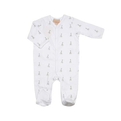 A pure white long-sleeve cotton sleepsuit for babies by Sophie la Girafe, featuring a small embroidered giraffe on the chest.