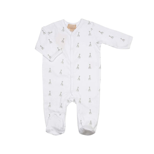 A pure white long-sleeve cotton sleepsuit for babies by Sophie la Girafe, featuring a small embroidered giraffe on the chest.