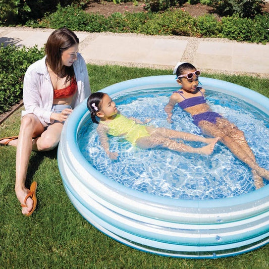 Three-layer inflatable pool with blue and white colors on a white background