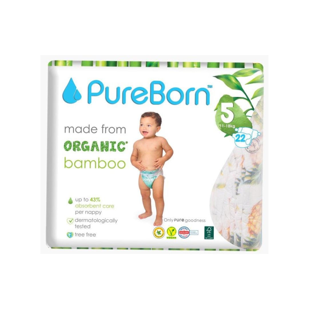 PureBorn Size 5 - Extra Large Tape Bamboo Diapers (11-18kg)