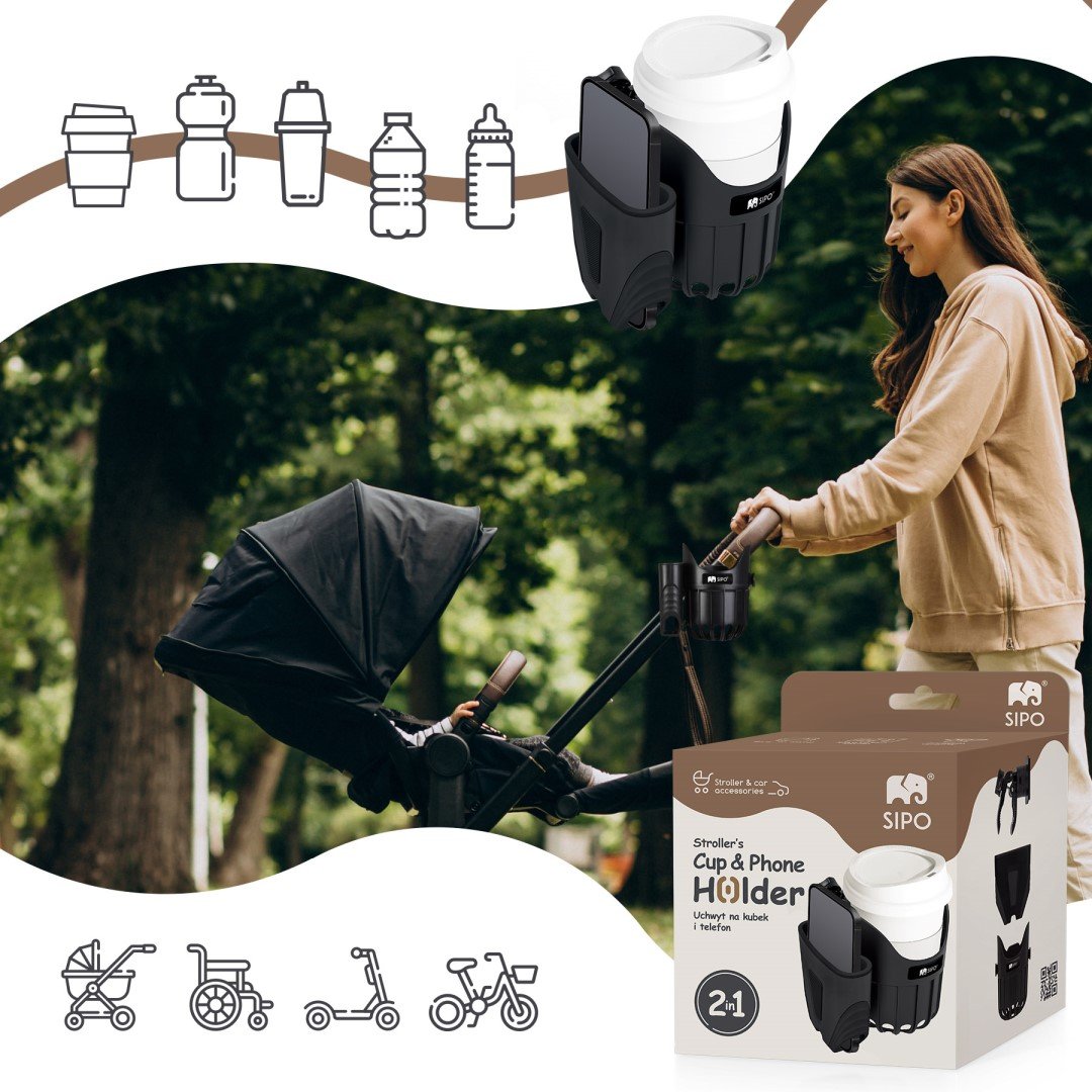 SIPO: Universal 2-in-1 Stroller Drink & Phone Holder (Black)